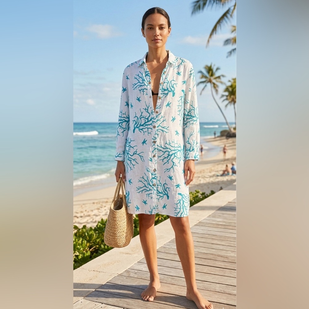 Luisa Beach Cover Up.  Linen, Long Sleeve Coral Blue Print Size S